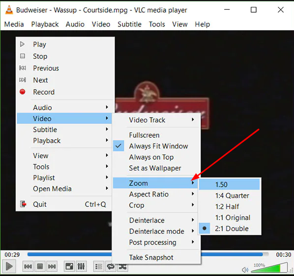 Zoom Video Using VLC Video Menu Steps